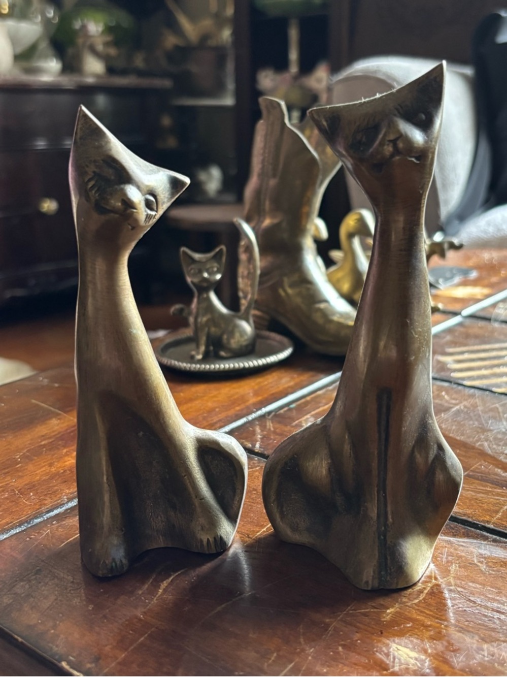 Pair of Mid-Century Brass Cat Figurines - Sculptural Cats in Warm Brass